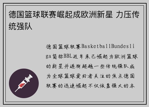德国篮球联赛崛起成欧洲新星 力压传统强队