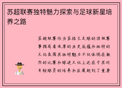 苏超联赛独特魅力探索与足球新星培养之路