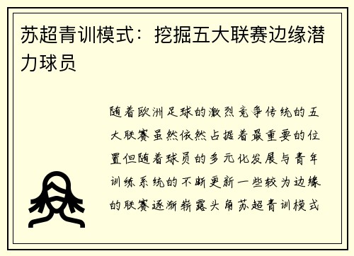 苏超青训模式：挖掘五大联赛边缘潜力球员